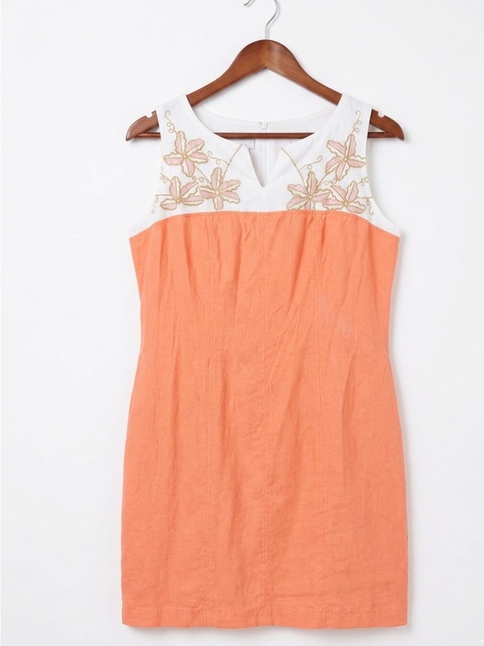 Salma MX 100% Linen Embroidered Shift Dress XXL Coral Orange White Coastal